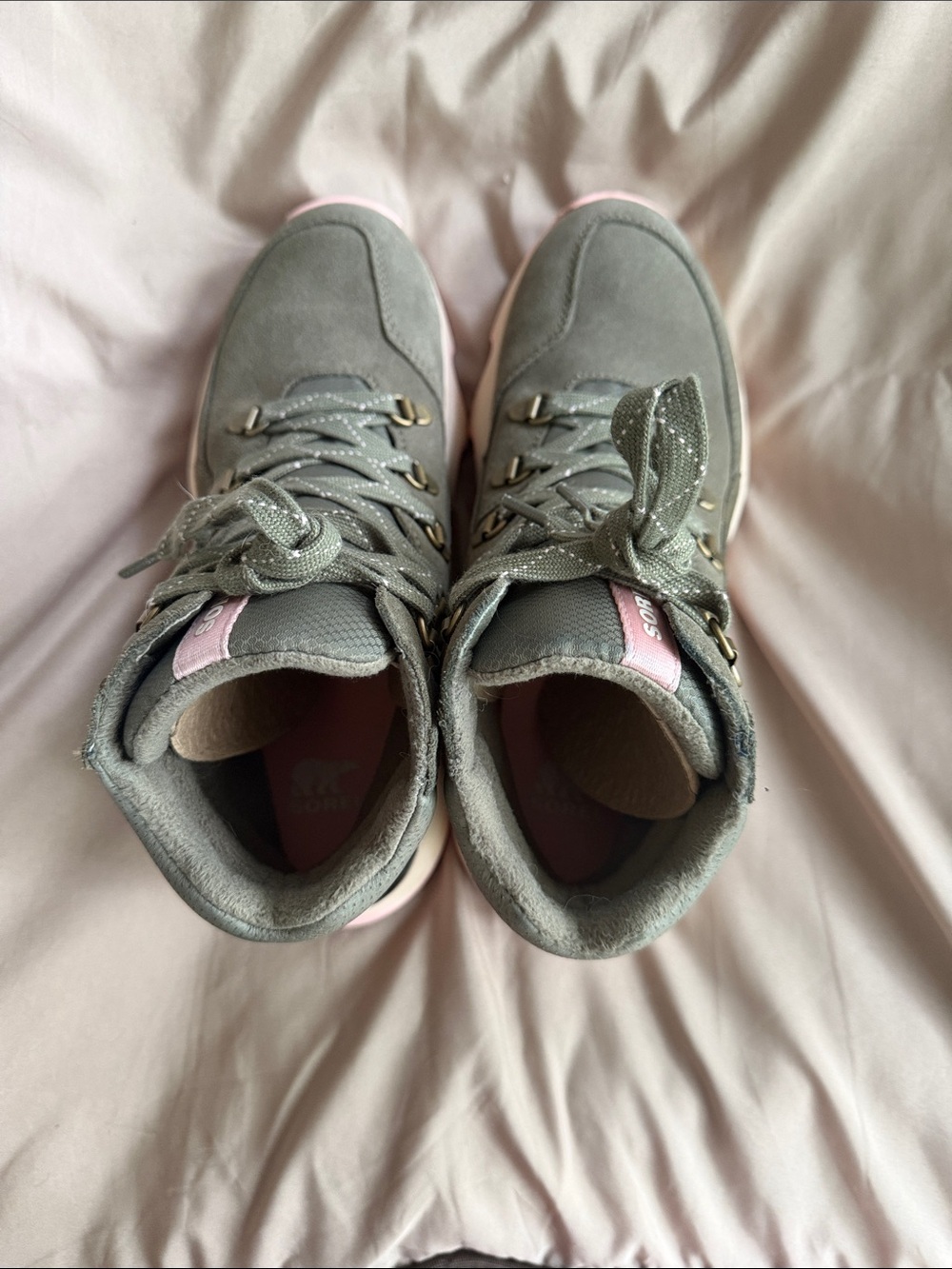 Sorel Olive Green Suede Lace-Up Boots with Pink Accents - Picture 5 of 6